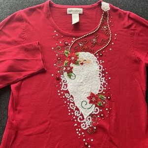 Drapers & Damons Sequined Santa Red Christmas Sweater Womens M